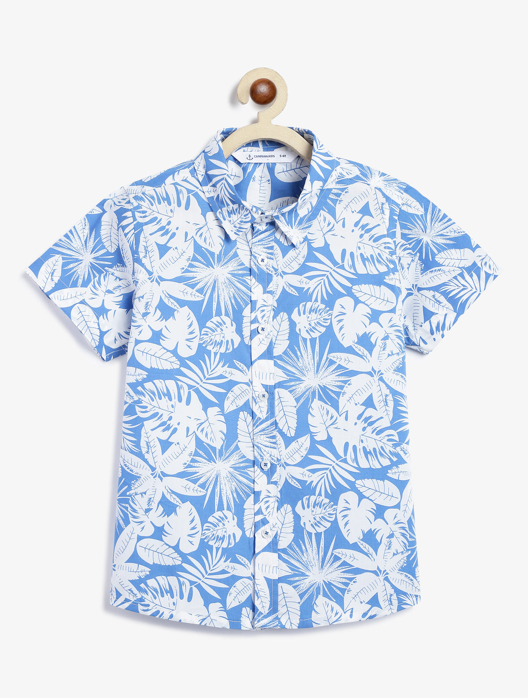 Campana Boys Yuki Short Sleeve Cotton Shirt - Hawaiian Print - Blue & White