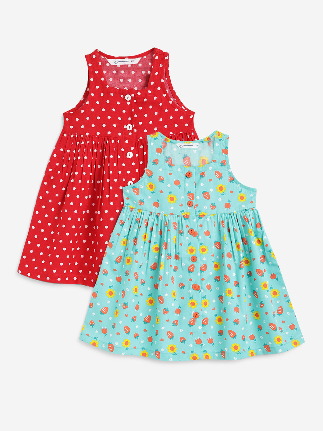 Campana Girls Amy Pack of Two Dresses - Floral & Dots Print - Red & Turquoise Blue
