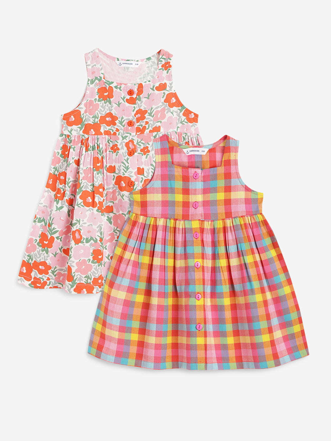 Campana Girls Amy Pack of Two Dresses - Checks & Floral Print - Pink & Multicolour