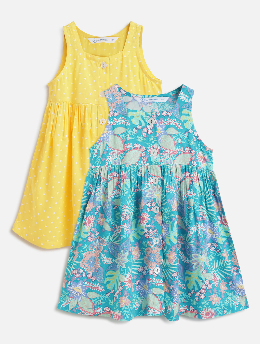 Campana Girls Amy Pack of 2 Printed Dresses - Flowers & Dots - Turquoise & Yellow