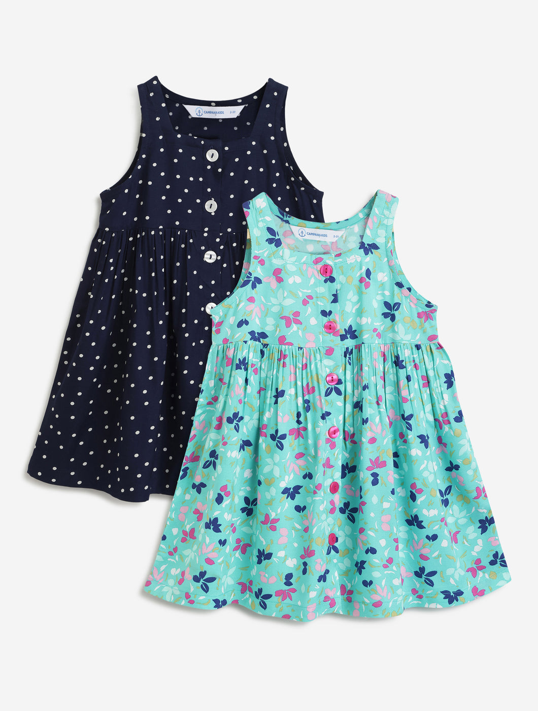 Campana Girls Amy Pack of 2 Dresses - Flowers & Dots - Navy & Turquoise