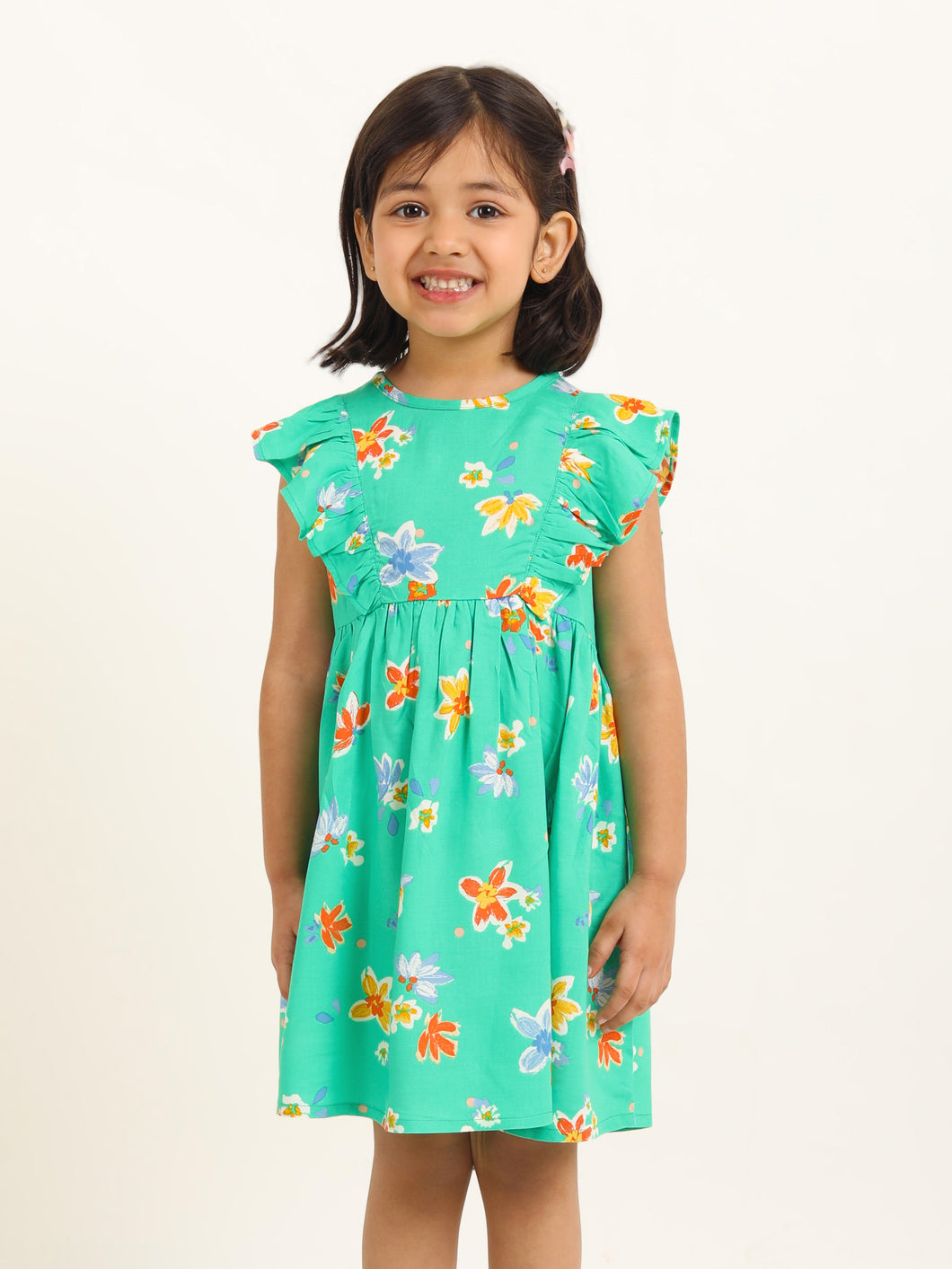Campana Girls Janet Frilly Dress - Floral Bloom Print - Green & Multicolour