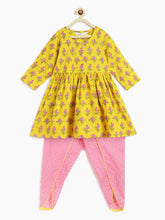 Load image into Gallery viewer, Campana Girls Sanah Dhoti Kurta Set - Floral Stalks Print - Yellow &amp; Pink
