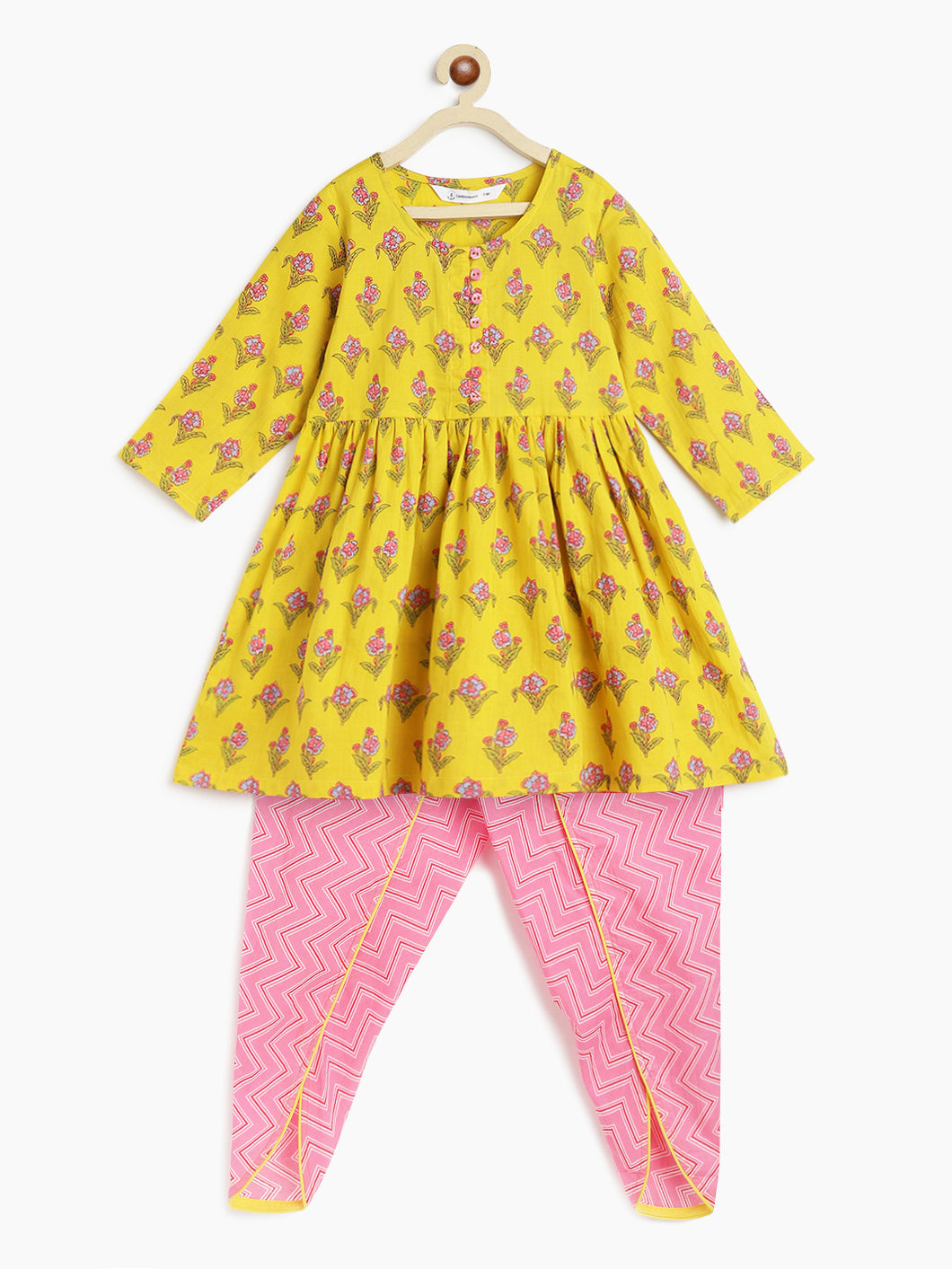 Campana Girls Sanah Dhoti Kurta Set - Floral Stalks Print - Yellow & Pink