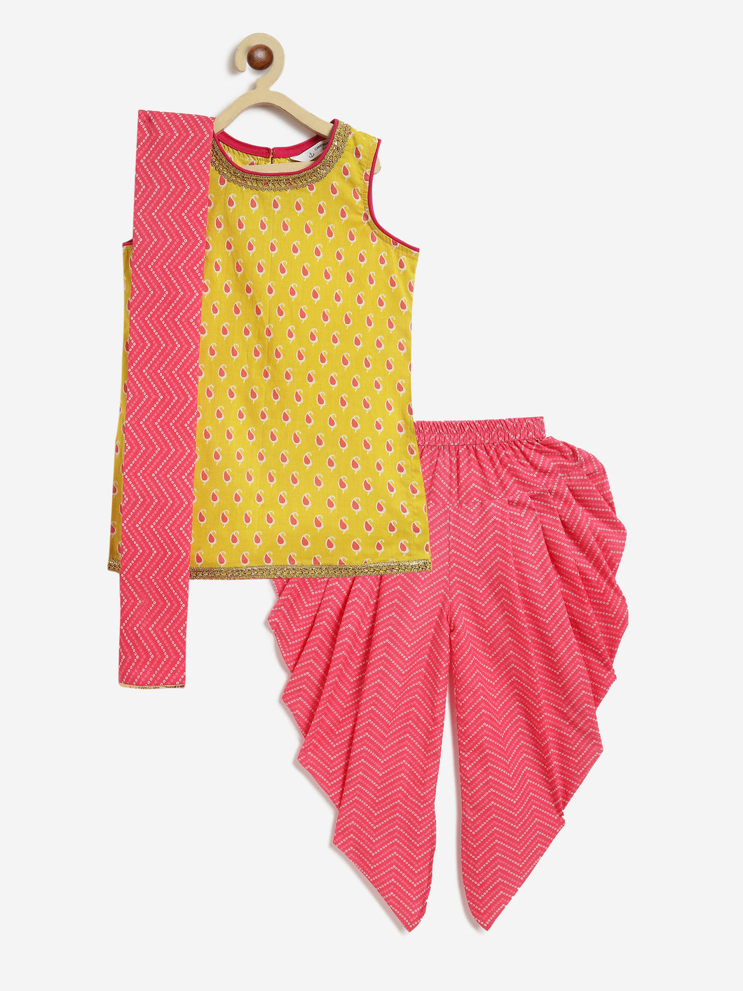 Campana Girls Kiran Kurti with Patiala Dhoti & Dupatta - Paisley & Bandhej Print - Lime & Pink