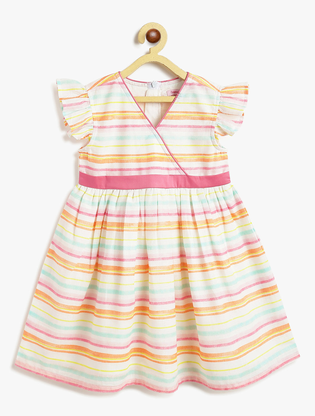 Campana Girls Ruby Crossover Striped Cotton Dress - Pastel Stripes - White & Multicolour