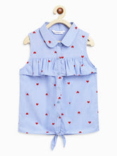 Load image into Gallery viewer, Campana Girls Vickie Shirt Style Top - Heart on Chambray - Blue
