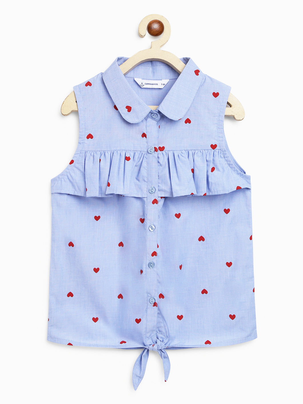 Campana Girls Vickie Shirt Style Top - Heart on Chambray - Blue