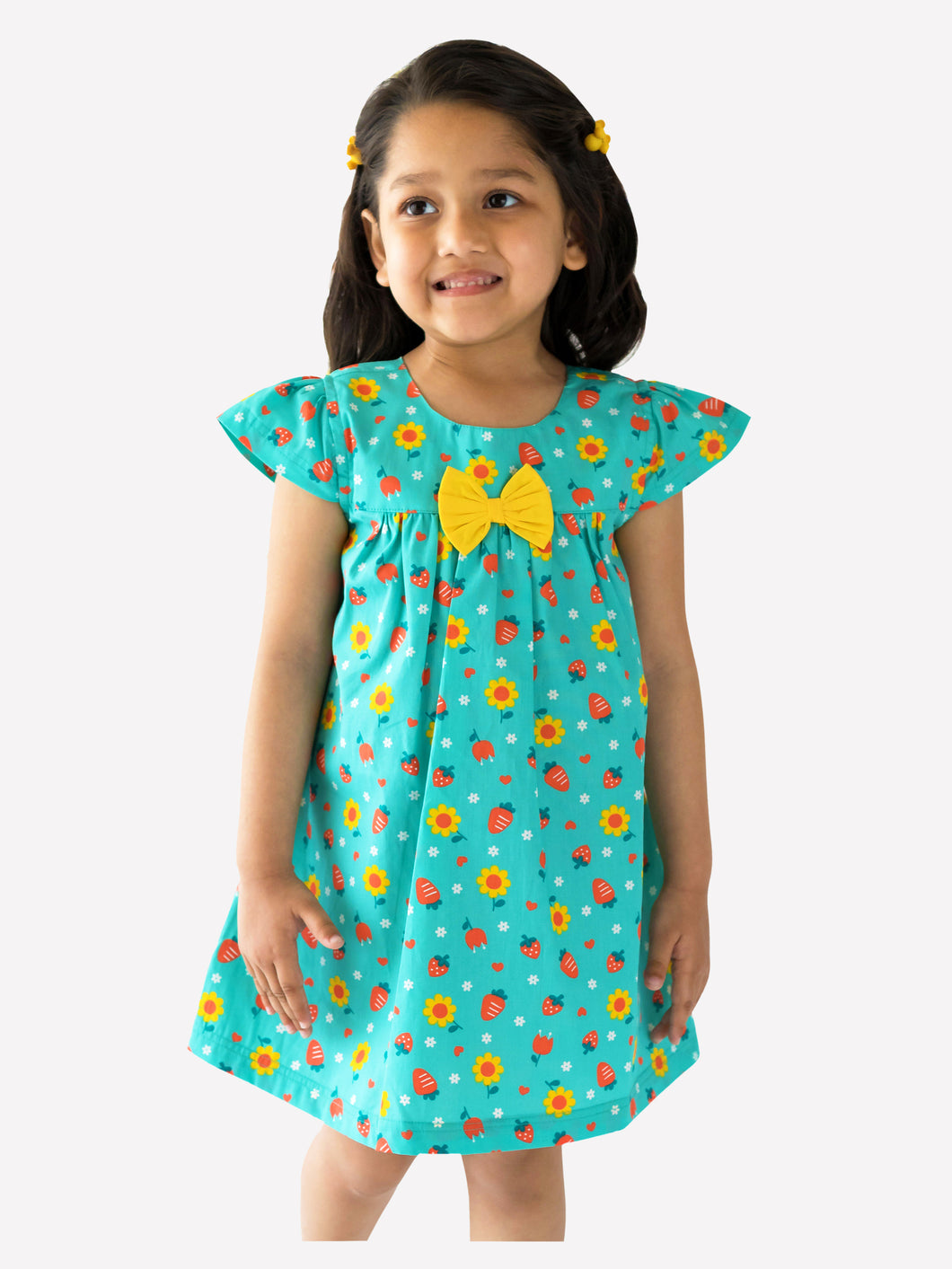 Campana Girls Suzy Dress with Bow - Strawberries Print - Blue & Yellow