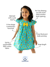 Load image into Gallery viewer, Campana Girls Suzy Dress with Bow - Strawberries Print - Blue &amp; Yellow
