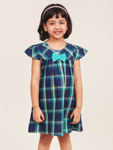 Load image into Gallery viewer, Campana Girls Suzy Cotton Checked Dress with Bow - Windowpane Checks - Navy &amp; Turquoise
