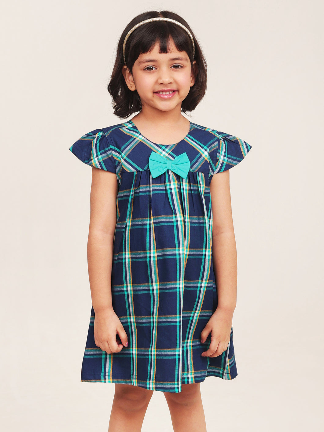 Campana Girls Suzy Cotton Checked Dress with Bow - Windowpane Checks - Navy & Turquoise