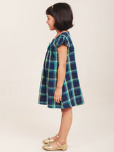 Load image into Gallery viewer, Campana Girls Suzy Cotton Checked Dress with Bow - Windowpane Checks - Navy &amp; Turquoise
