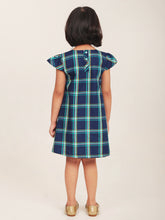 Load image into Gallery viewer, Campana Girls Suzy Cotton Checked Dress with Bow - Windowpane Checks - Navy &amp; Turquoise
