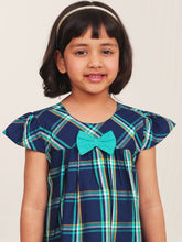 Load image into Gallery viewer, Campana Girls Suzy Cotton Checked Dress with Bow - Windowpane Checks - Navy &amp; Turquoise
