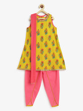 Load image into Gallery viewer, Campana Girls Vani Dhoti Kurta Set with Dupatta - Floral Motif - Lime Green &amp; Peach
