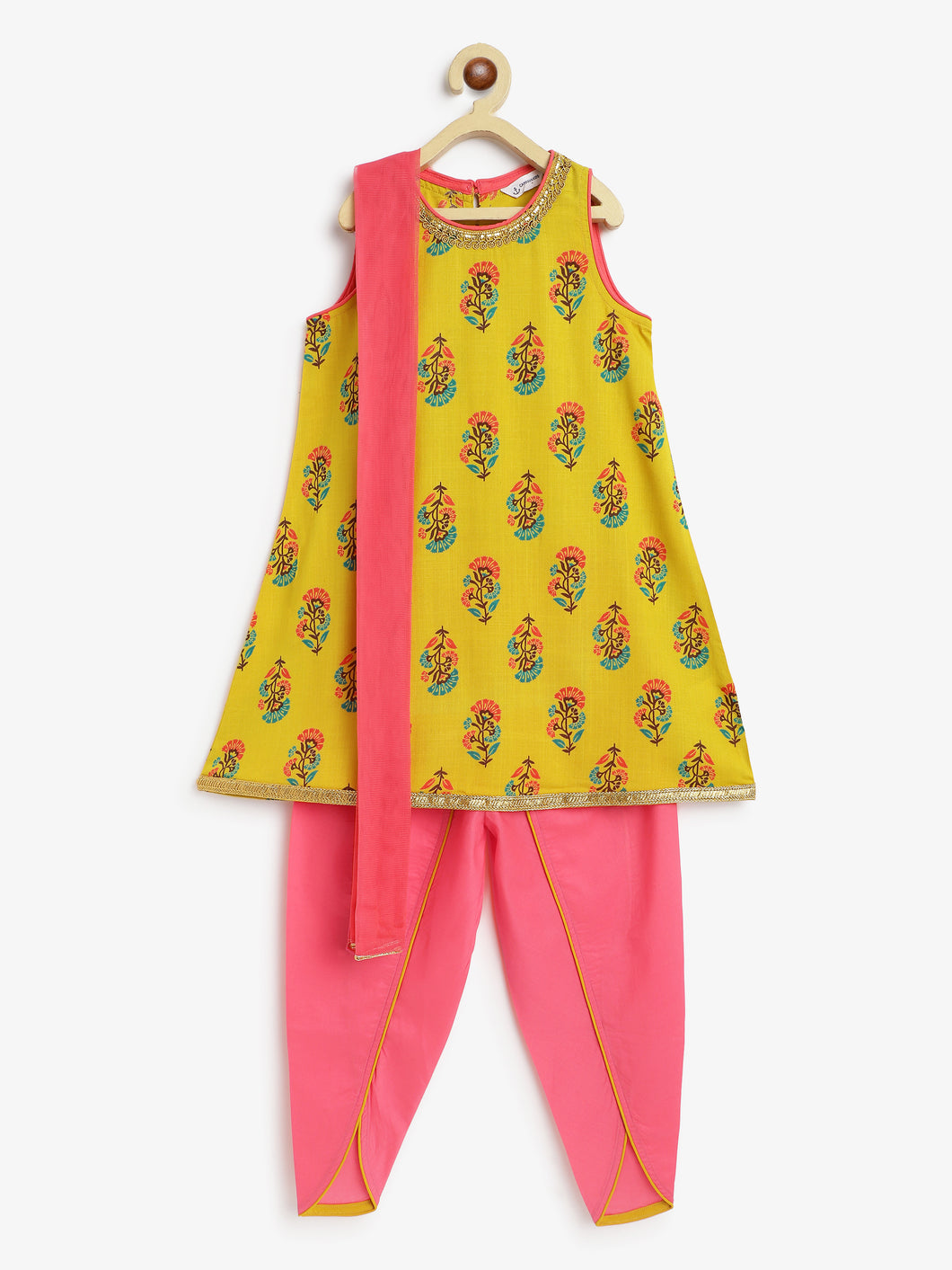 Campana Girls Vani Dhoti Kurta Set with Dupatta - Floral Motif - Lime Green & Peach