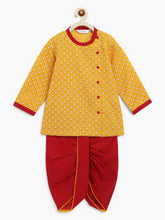 Load image into Gallery viewer, Campana Boys Ananda Dhoti Kurta Set - Small Petal Motif - Yellow &amp; Maroon
