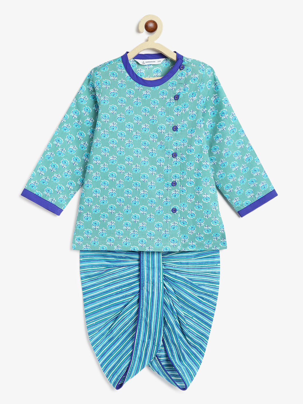 Campana Boys Ananda Dhoti Kurta Set - Flower Blockprint - Green & Ink Blue