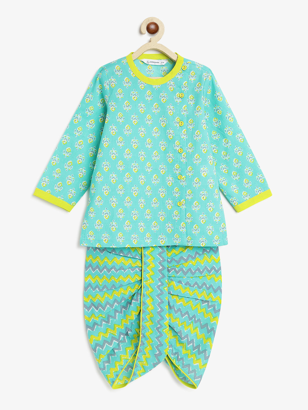 Campana Boys Ananda Dhoti Kurta Set - Floral & Zigzag Print - Blue & Lime Green