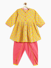 Load image into Gallery viewer, Campana Girls Asmi Dhoti Set - Floral Block Print - Yellow &amp; Pink
