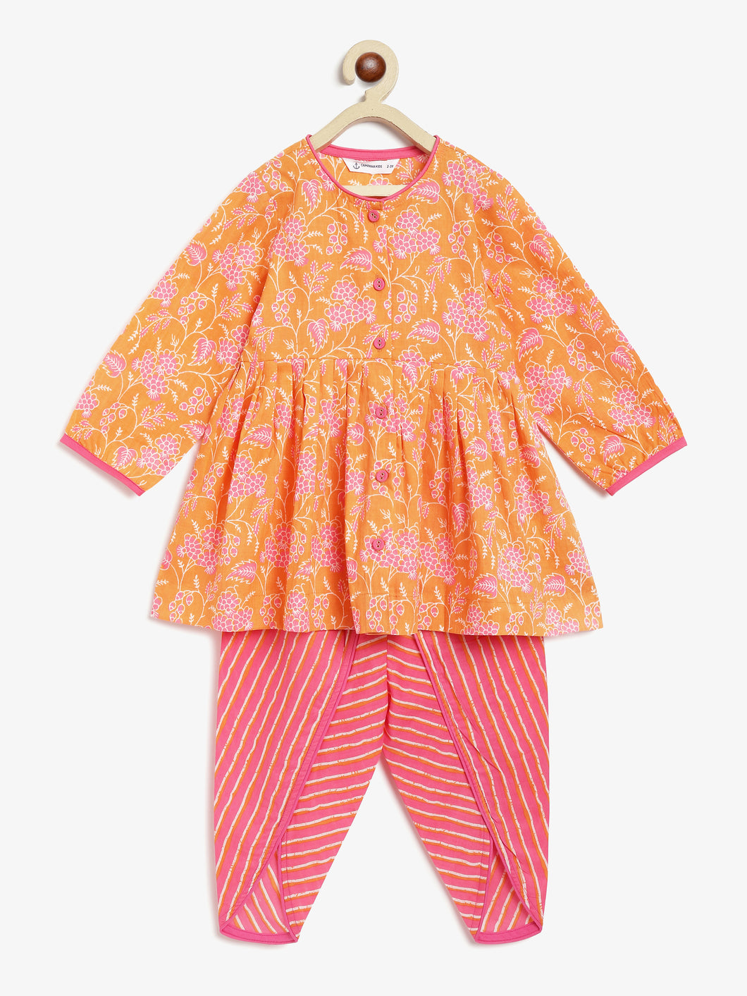 Campana Girls Asmi Dhoti Set - Pastel Floral Print - Orange & Pink