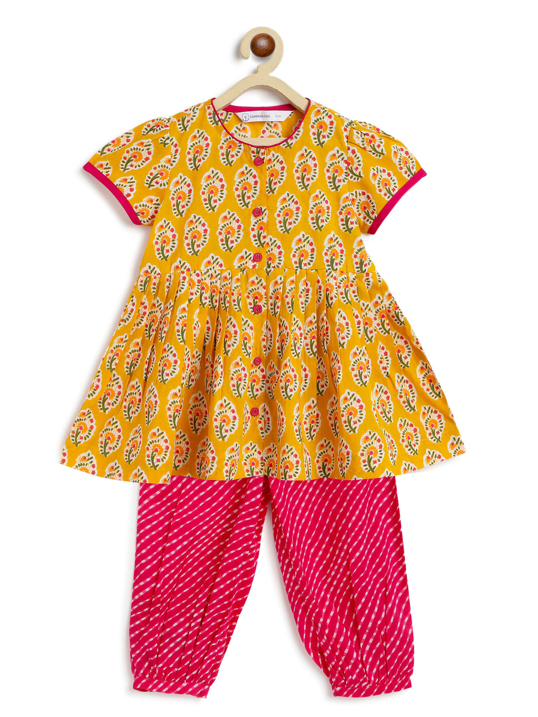 Campana Girls Ruhi Kurta with Afghani Salwar Set - Paisley Block Print - Yellow & Magenta