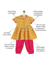 Load image into Gallery viewer, Campana Girls Ruhi Kurta with Afghani Salwar Set - Paisley Block Print - Yellow &amp; Magenta
