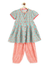 Load image into Gallery viewer, Campana Girls Ruhi Kurta with Afghani Salwar Set - Block Print - Sage Green &amp; Peach
