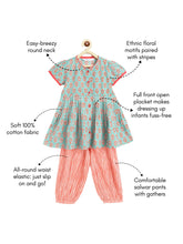 Load image into Gallery viewer, Campana Girls Ruhi Kurta with Afghani Salwar Set - Block Print - Sage Green &amp; Peach
