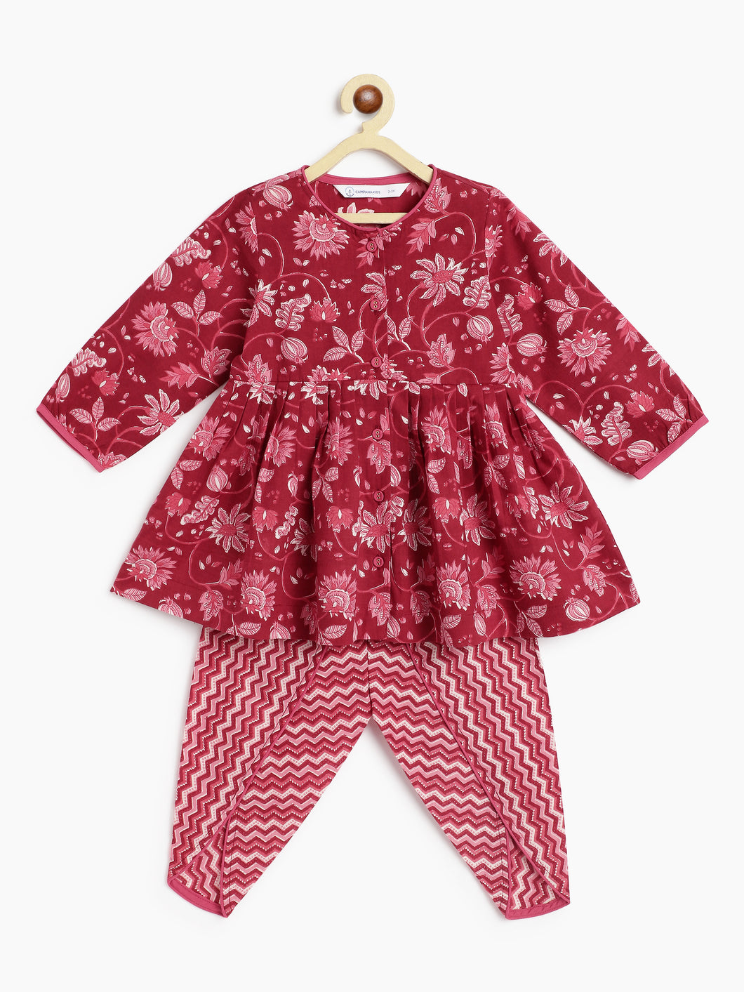 Campana Girls Asmi Dhoti Set - Floral & Zigzag Print - Maroon & Pink