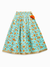 Load image into Gallery viewer, Campana Girls Koel Lehenga Choli with Dupatta Set - Seamless Garden Print - Turquoise &amp; Orange
