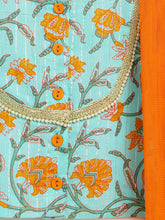 Load image into Gallery viewer, Campana Girls Koel Lehenga Choli with Dupatta Set - Seamless Garden Print - Turquoise &amp; Orange
