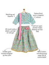 Load image into Gallery viewer, Campana Girls Koel Lehenga Set - Flower Bud Print - Sky Blue &amp; Pink
