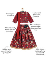 Load image into Gallery viewer, Campana Girls Koel Lehenga Set - Festive Blockprint - Red &amp; Green
