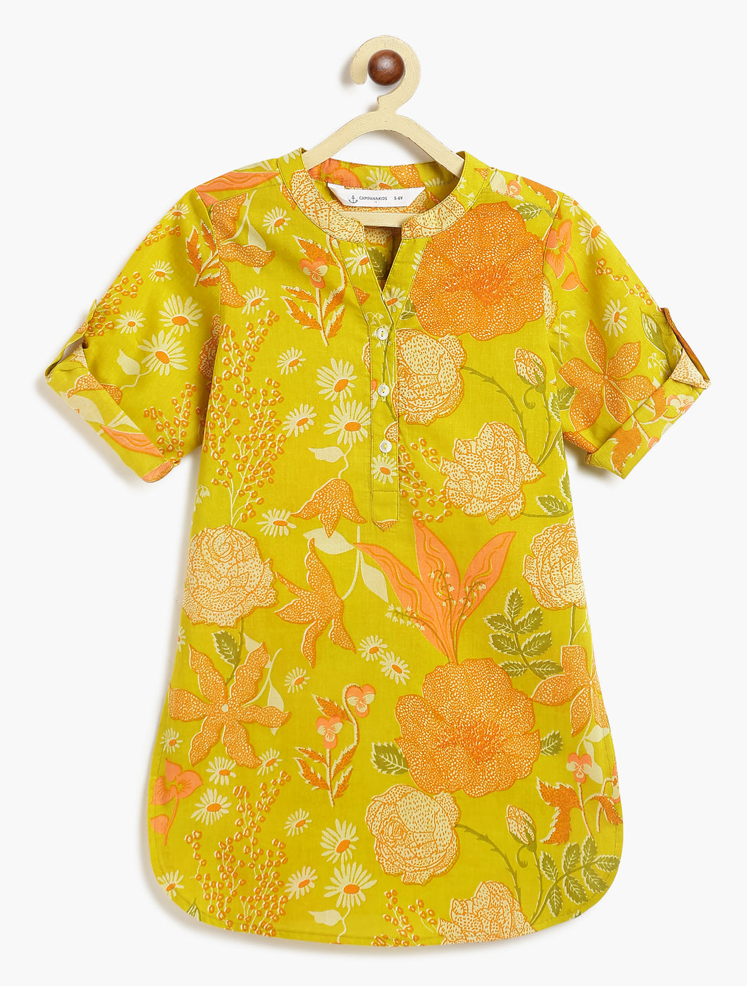 Campana Girls Urvashi Kurta - Floral Dusk Print - Lime Green & Orange