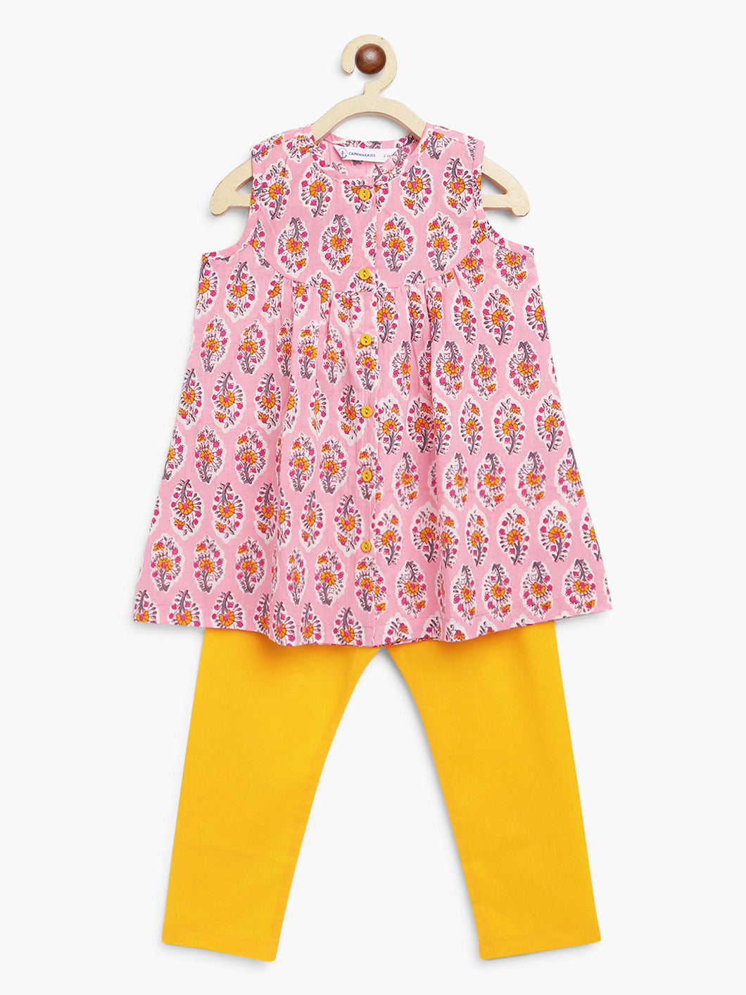 Campana Girls Revathi Kurta Pants Set - Block Print - Pink & Yellow