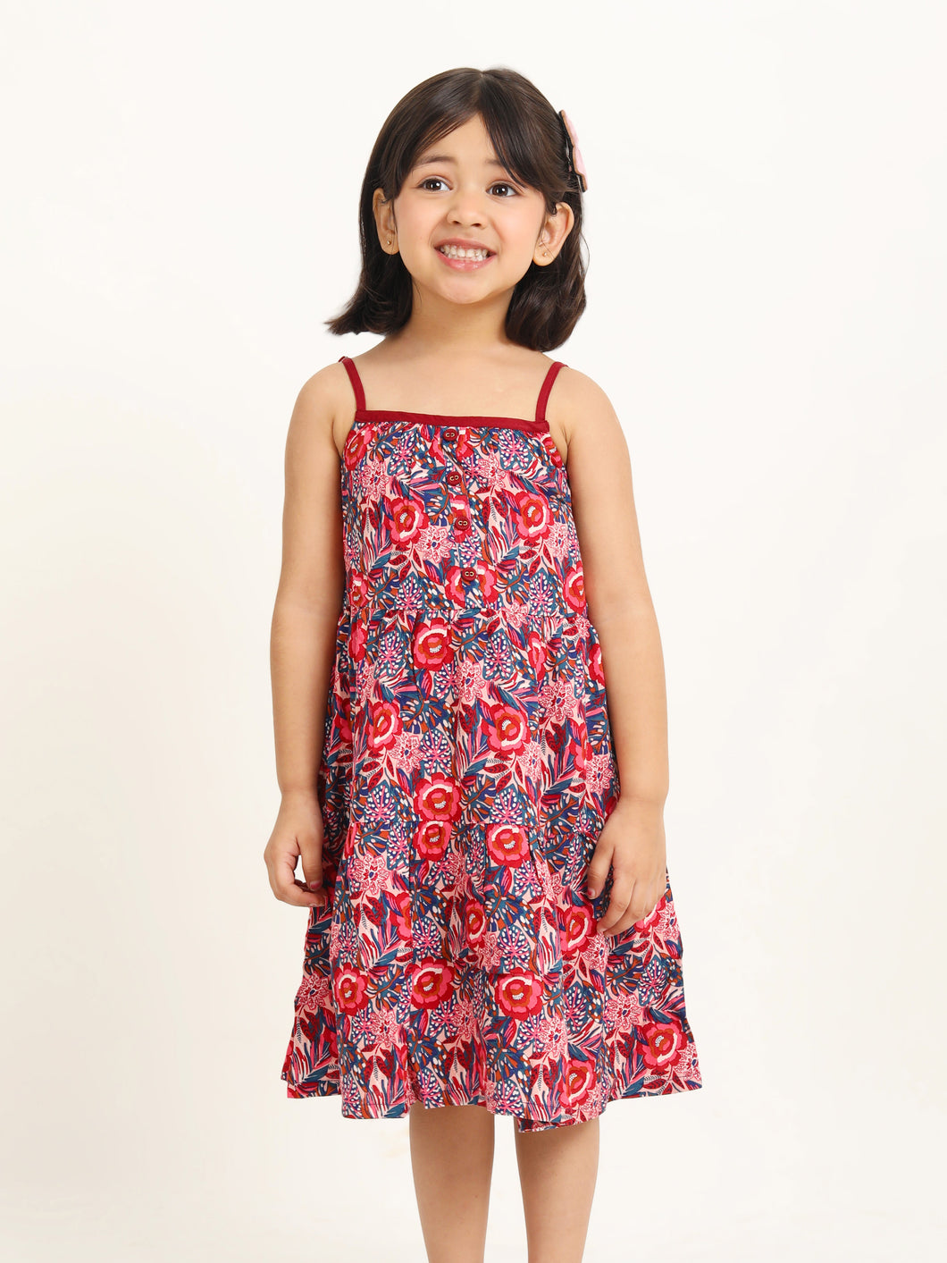 Campana Girls Myra Midi Dress - Festive Roses Print - Red & Blue