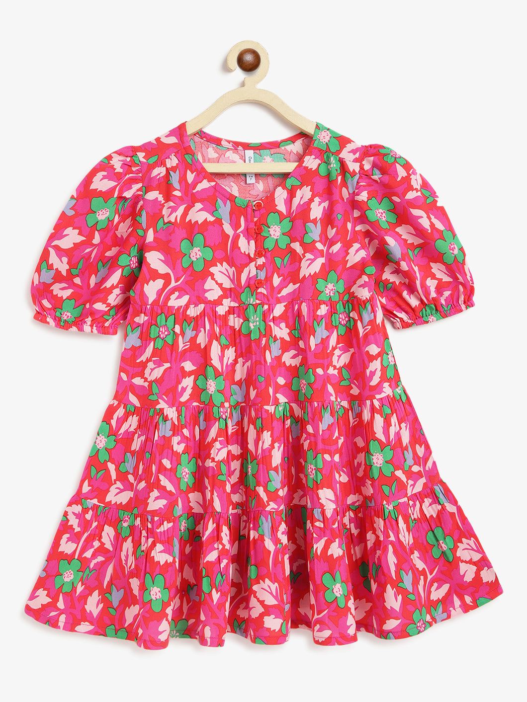 Campana Girls Naomi Puff Sleeve Tiered Dress - Floral Pop Print - Pink & Green