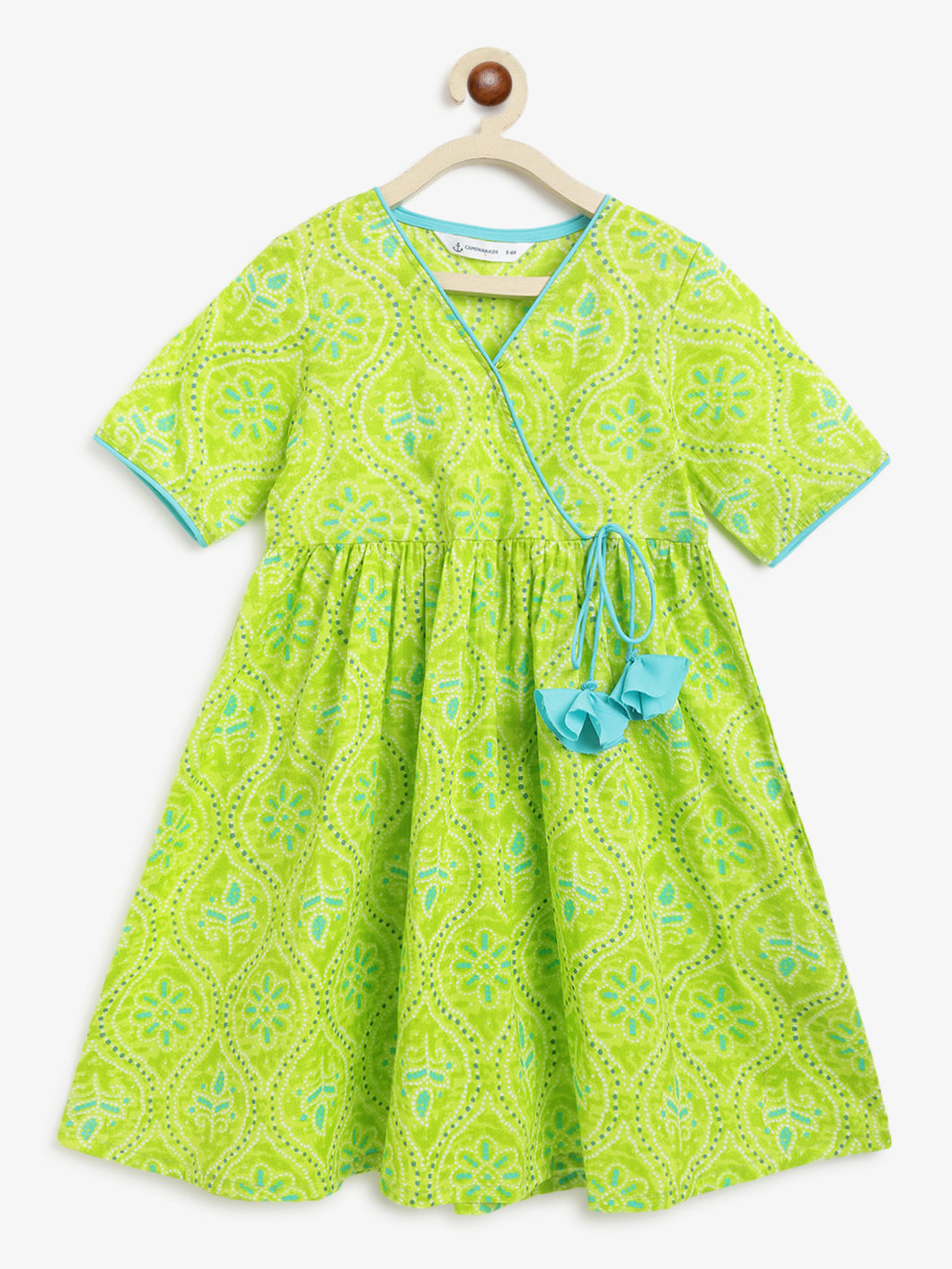 Campana Girls Nihira Flared Kurta - Bandhini Print - Lime Green