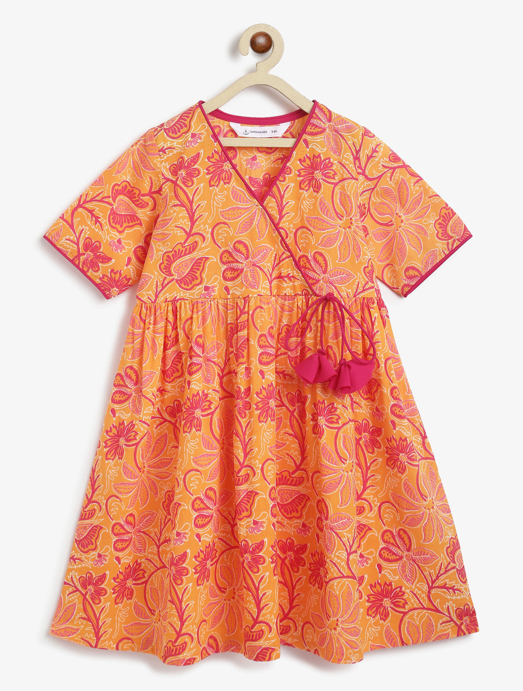 Campana Girls Nihira Flared Kurta - Seamless Floral Print - Orange & Magenta