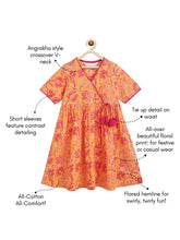 Load image into Gallery viewer, Campana Girls Nihira Flared Kurta - Seamless Floral Print - Orange &amp; Magenta
