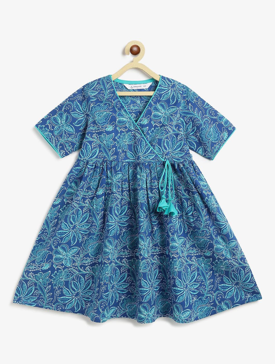 Campana Girls Nihira Flared Cotton Kurta - Seamless Floral Print - Royal Blue