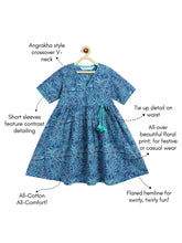 Load image into Gallery viewer, Campana Girls Nihira Flared Cotton Kurta - Seamless Floral Print - Royal Blue
