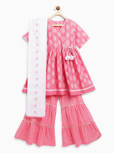 Load image into Gallery viewer, Campana Girls Nihira Sharara Set with Embroidered Dupatta - Blockprint &amp; Zigzag - Pink &amp; White
