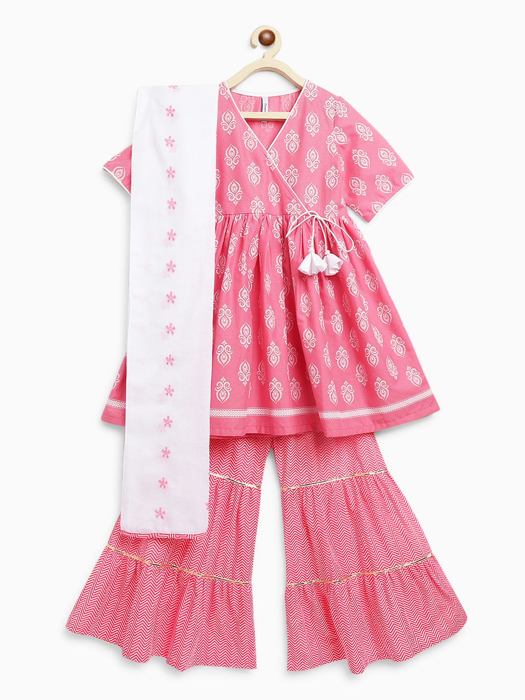 Campana Girls Nihira Sharara Set with Embroidered Dupatta - Blockprint & Zigzag - Pink & White