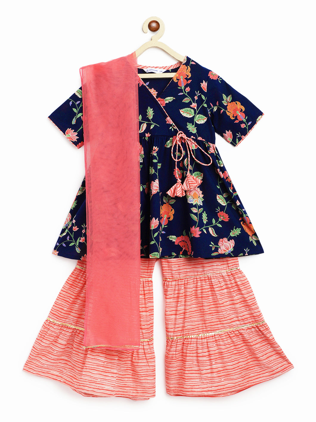 Campana Girls Nihira Sharara Set with Dupatta - Seamless Floral Print  - Navy & Peach