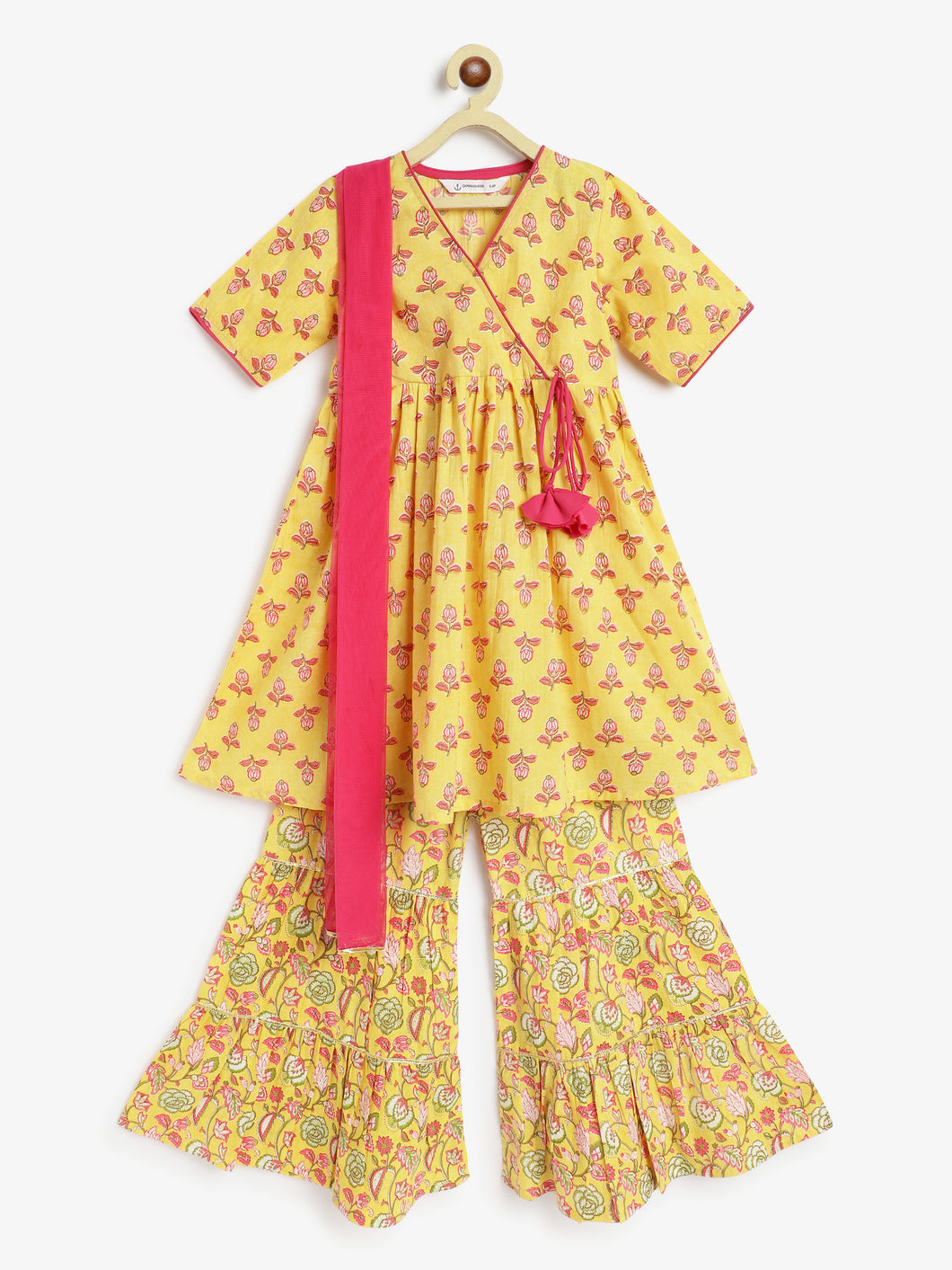 Campana Girls Nihira Sharara Set with Dupatta - Flower Bud Print - Yellow & Pink