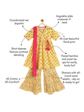 Load image into Gallery viewer, Campana Girls Nihira Sharara Set with Dupatta - Flower Bud Print - Yellow &amp; Pink
