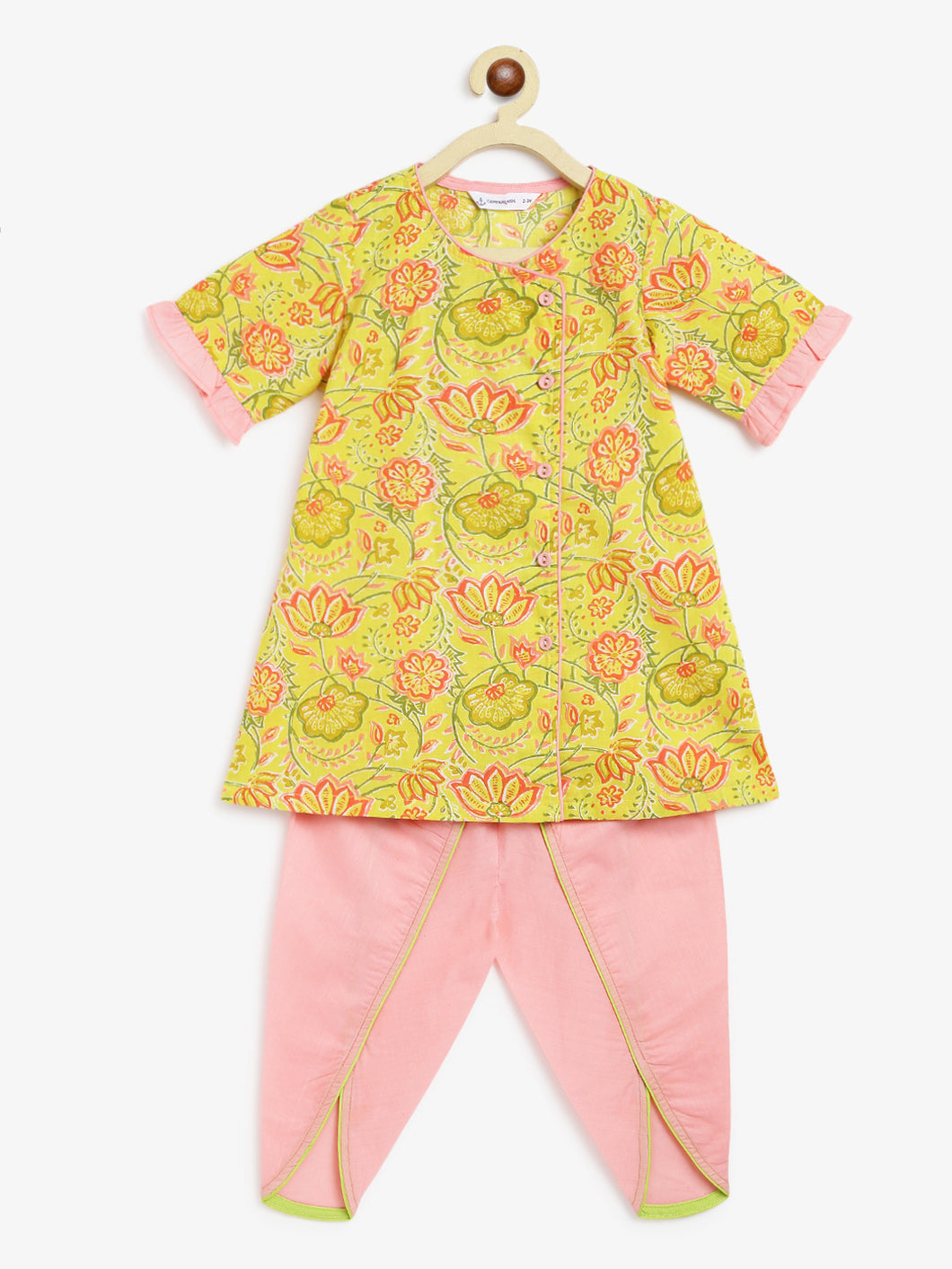 Campana Girls Himani Kurta with Dhoti Pants - Floral Trellis Print - Lime Green & Pink